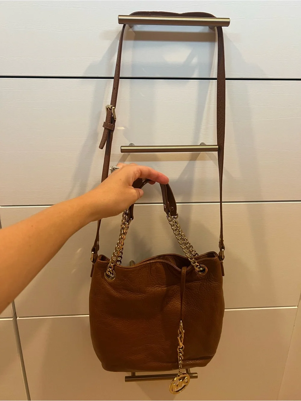 Michael Kors Brown Pebbled Leather Chain-Handle Bucket Bag